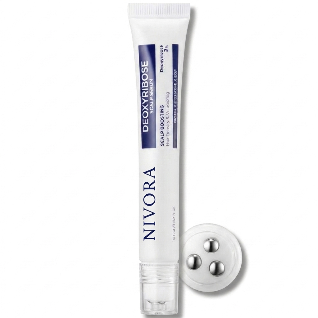 NIVORA Deoxyribose Scalp Serum tube with triple steel-ball roller applicator