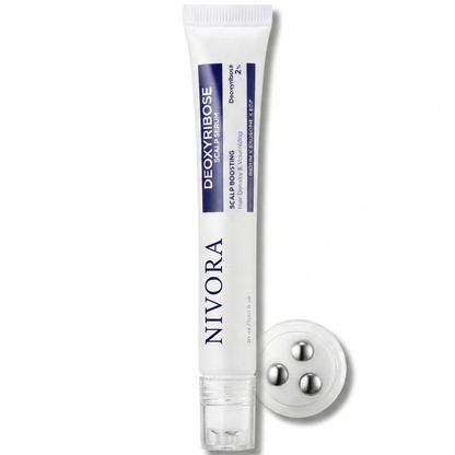 NIVORA Deoxyribose Scalp Serum tube with triple steel-ball roller applicator