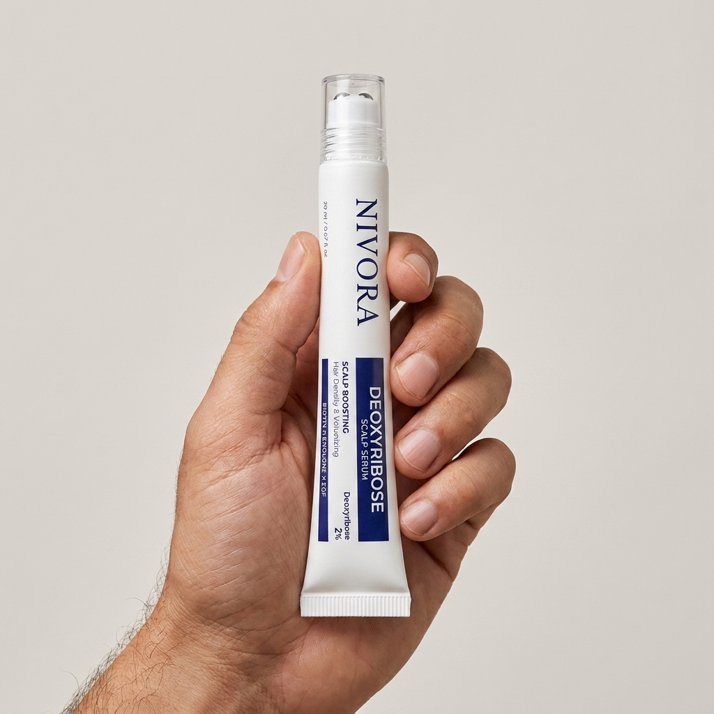 NIVORA Deoxyribose Scalp Serum 20ml roll-on held in hand