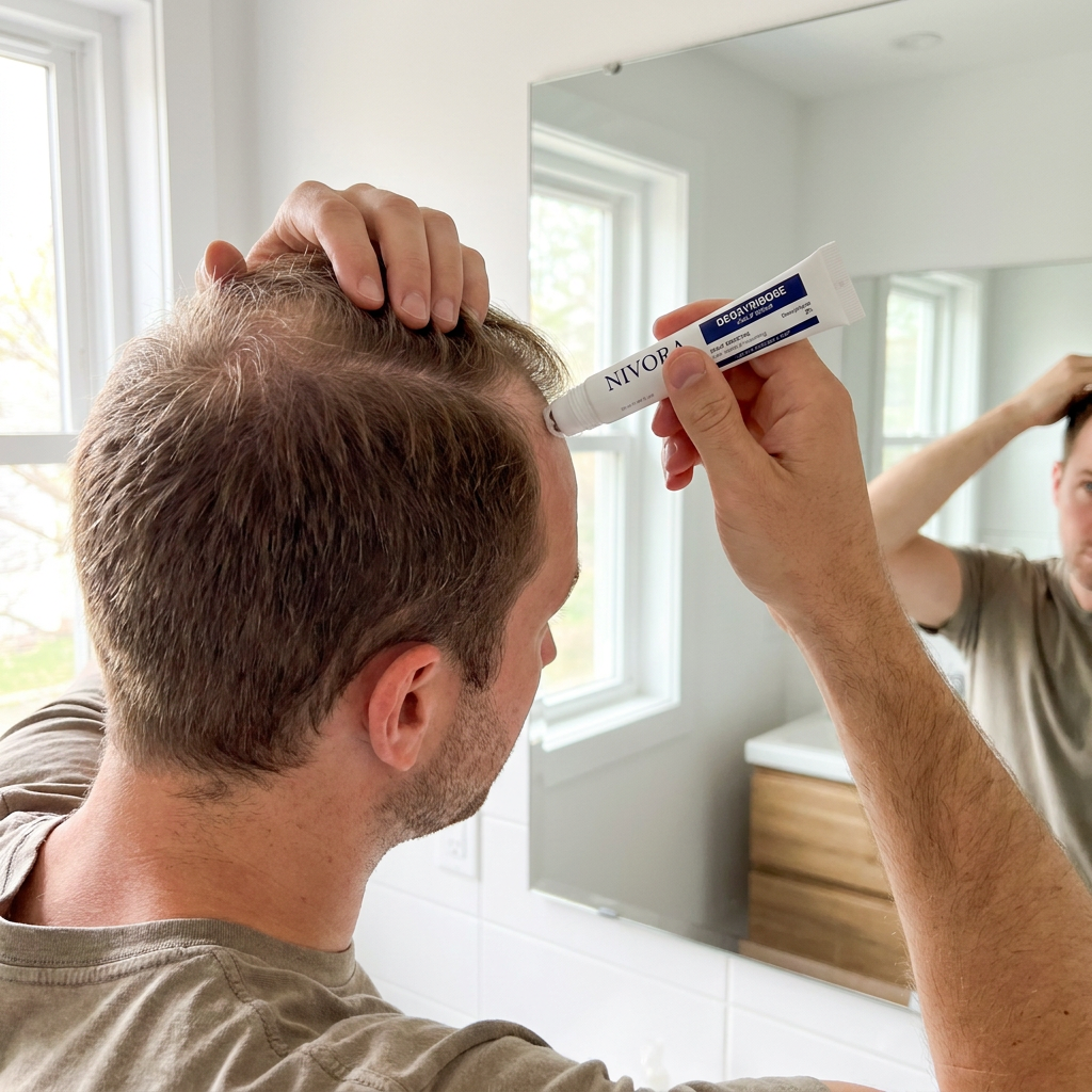 Man applying NIVORA scalp serum along the part line at the crown